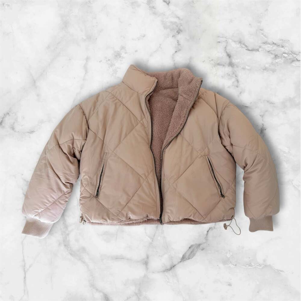Love Tree Reversible Teddy Bear Puffer Jacket Tan Cozy Sherpa Coat